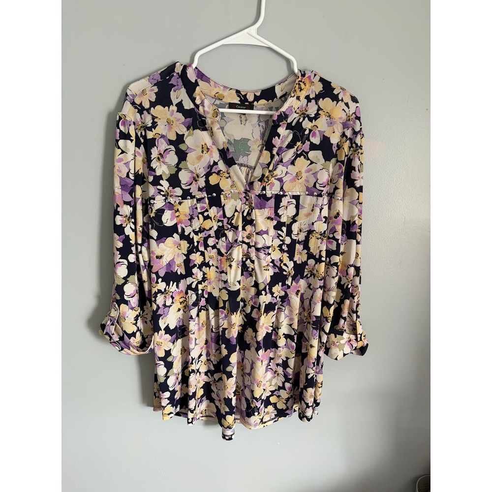 Cocomo Woman Floral Tunic Top Purple Yellow 3/4 Roll Tab Sleeve Plus Size 2X